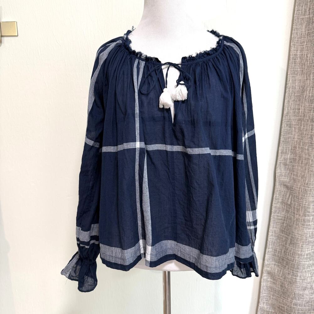 Mii Aux Nuits Womens Balloon Sleeve Blouse XS Blue Cotton Gauze Cottage Peasant